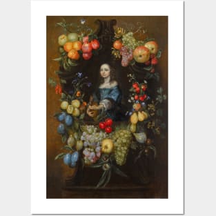 A Garland of Fruit and Flowers Surrounding a Portrait of a Lady in a Blue Dress, Holding a Guitar by Catarina Ykens-Floquet Posters and Art